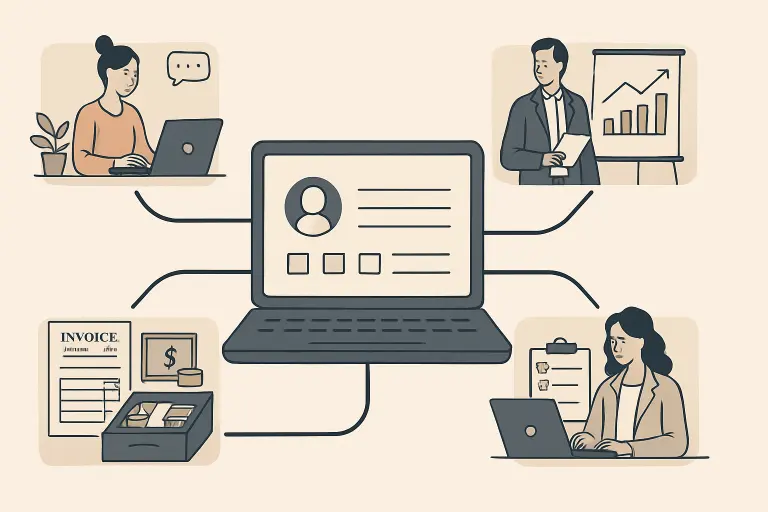 Small business team collaborating with AI agent technology on computer screens in a modern office