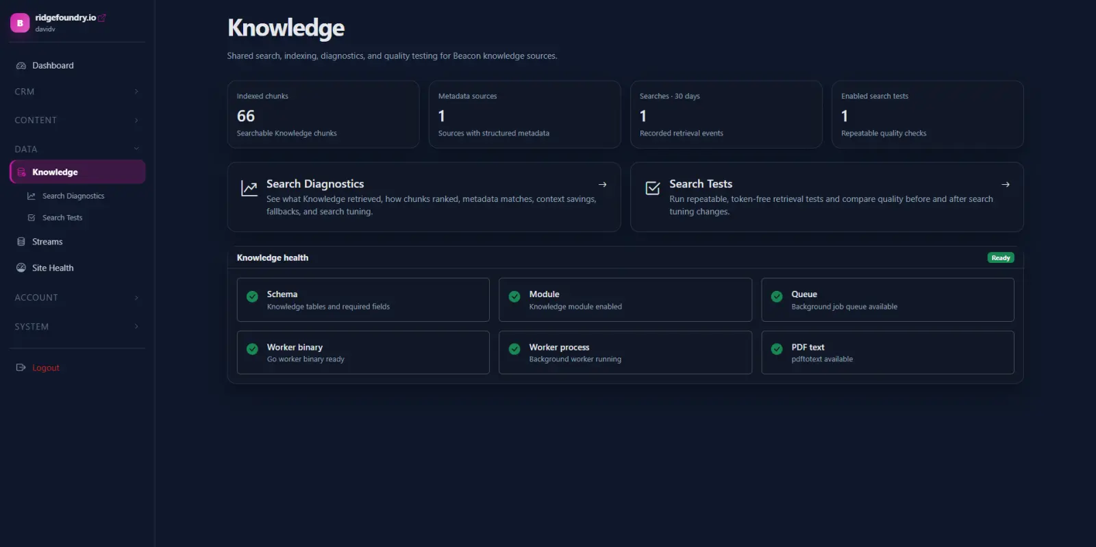 Beacon Knowledge administration screen showing knowledge tools and indexed information