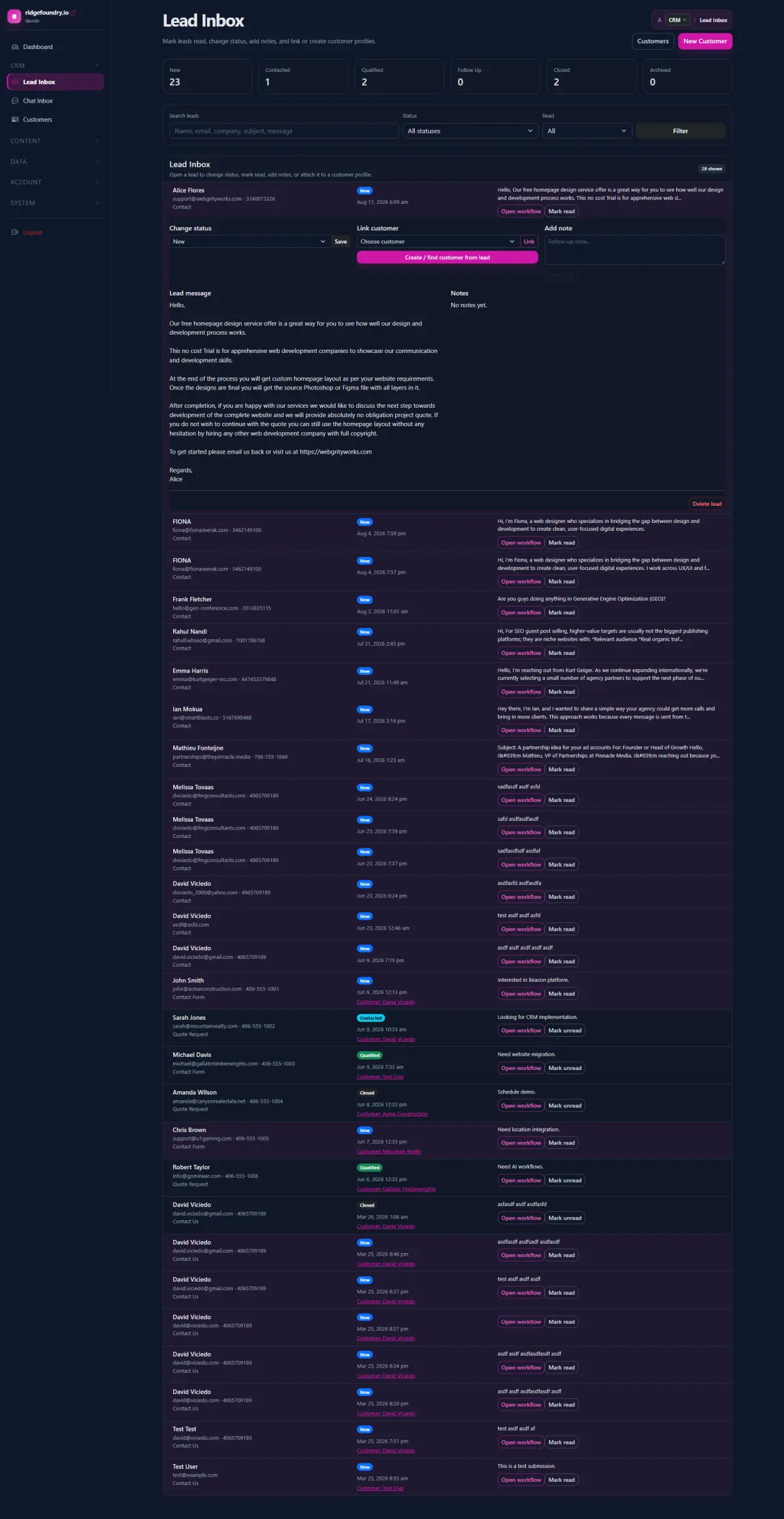 Beacon lead inbox with lead status, filters, customer links, and workflow actions