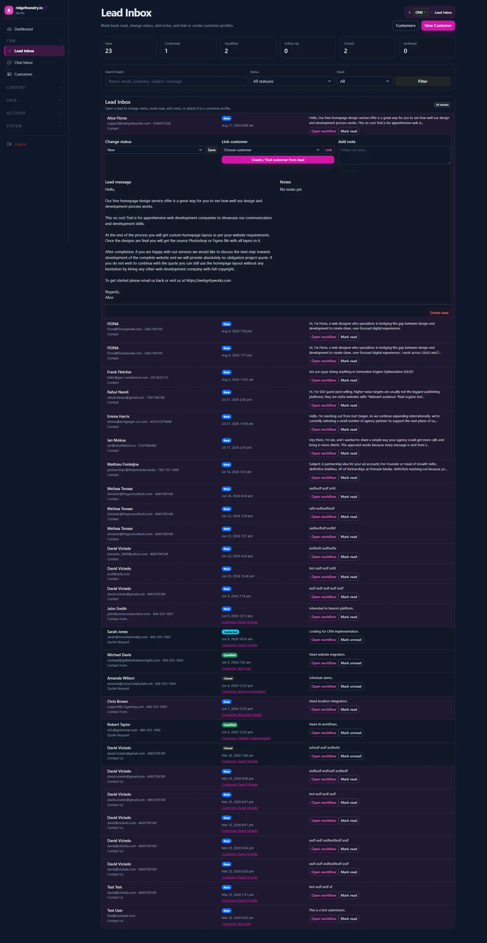 Beacon Lead Inbox showing lead status, filters, customer links, and workflow actions