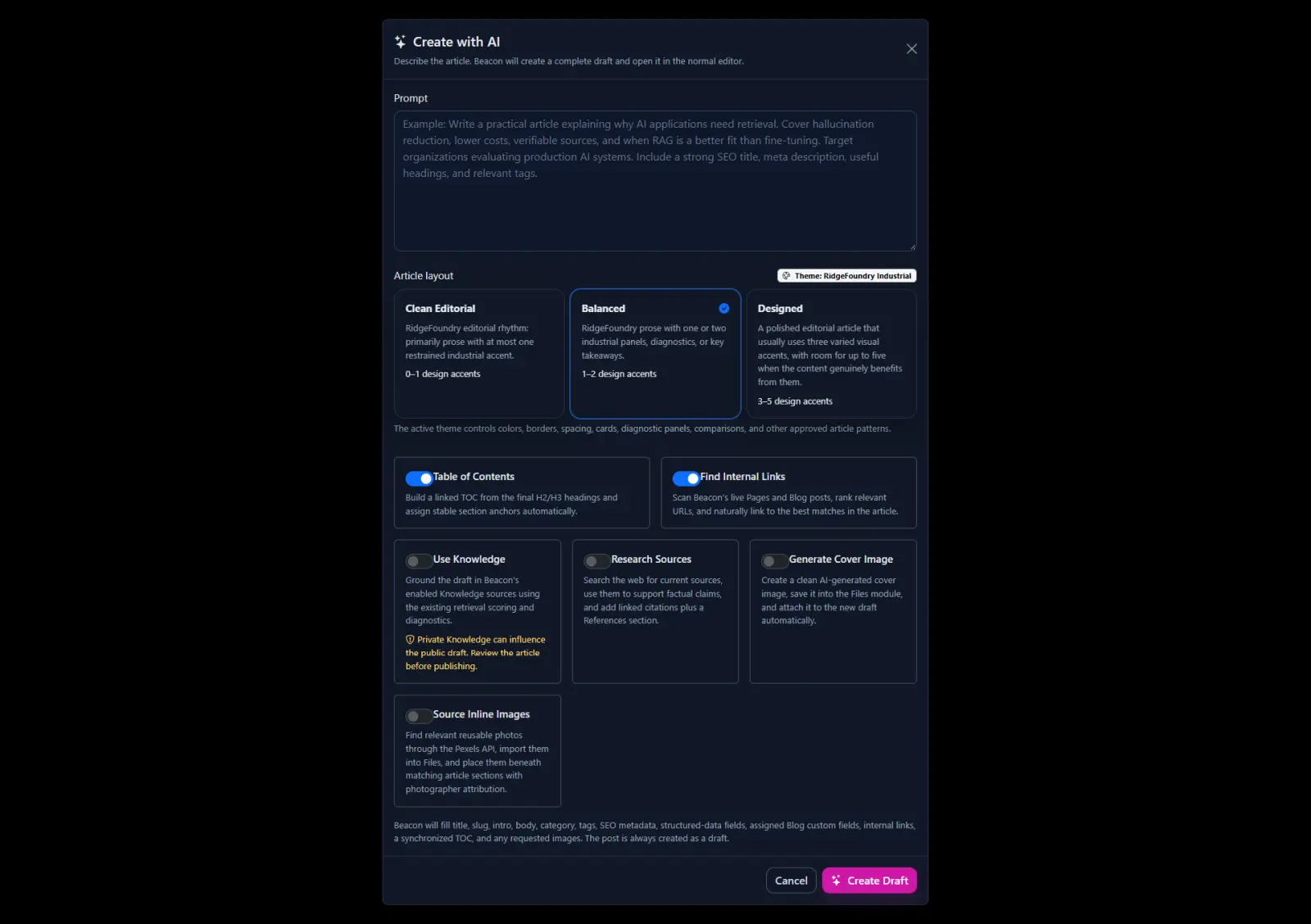 Beacon administration workspace showing system-level controls and administrative tools
