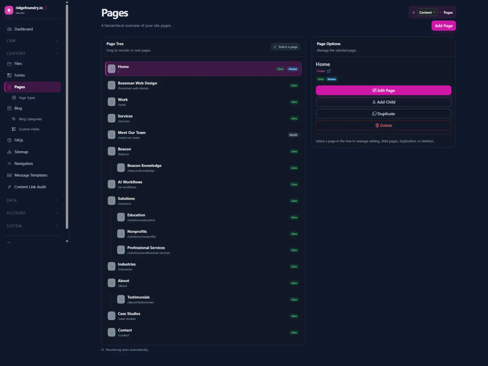 Beacon Pages administration screen showing the page list and content management controls