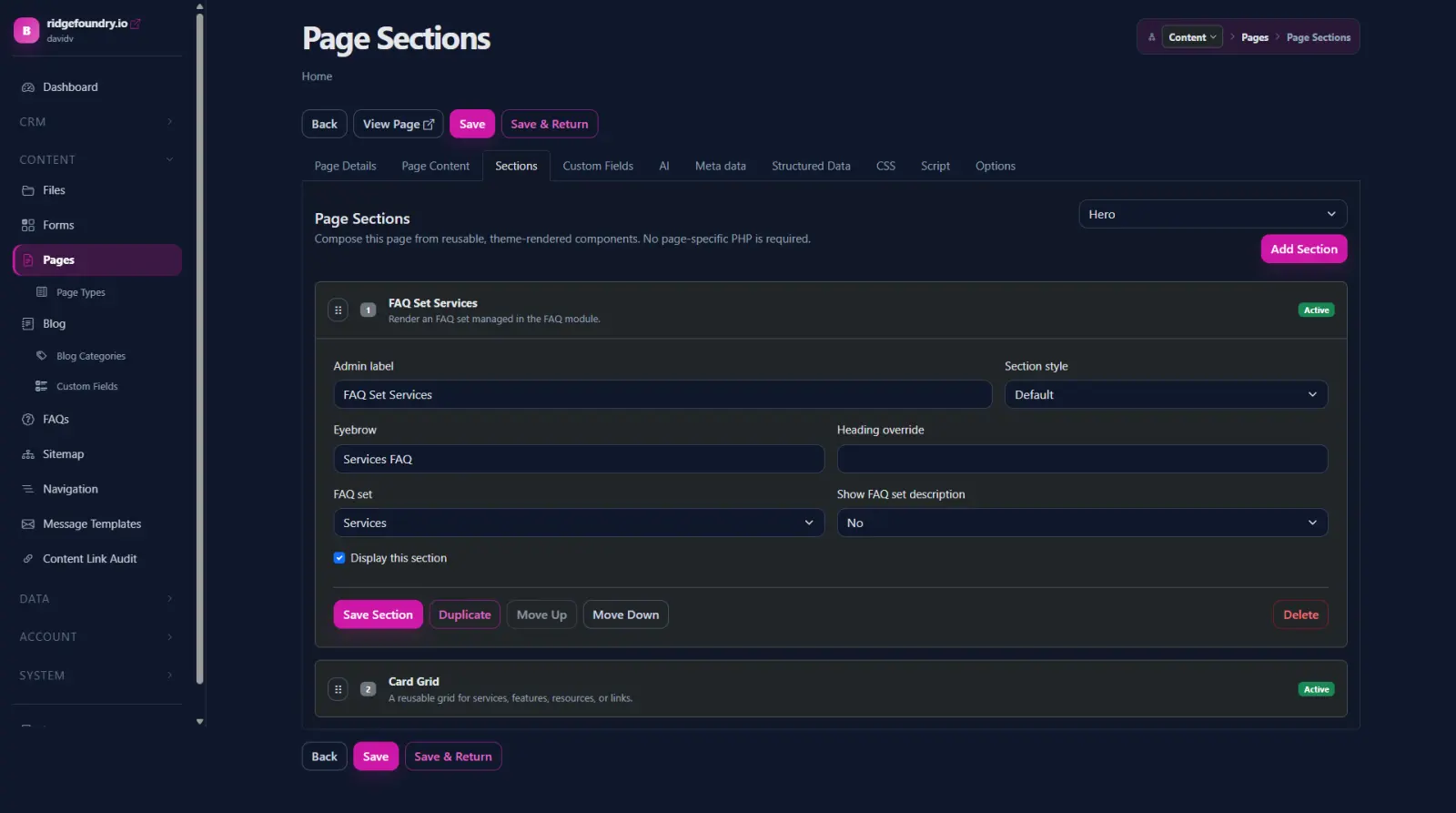 Beacon Edit Page screen showing page fields, sections, and publishing controls
