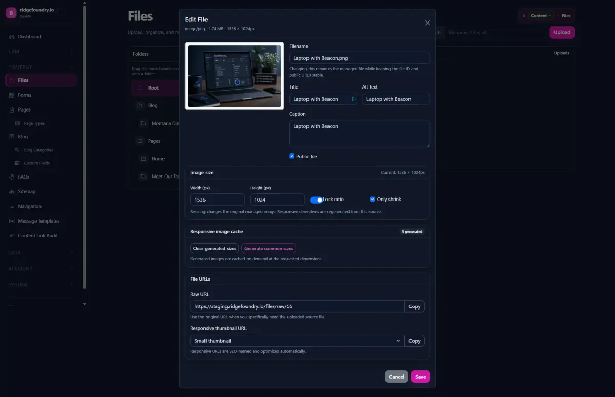 Beacon file manager showing folders, image cards, metadata, and file actions
